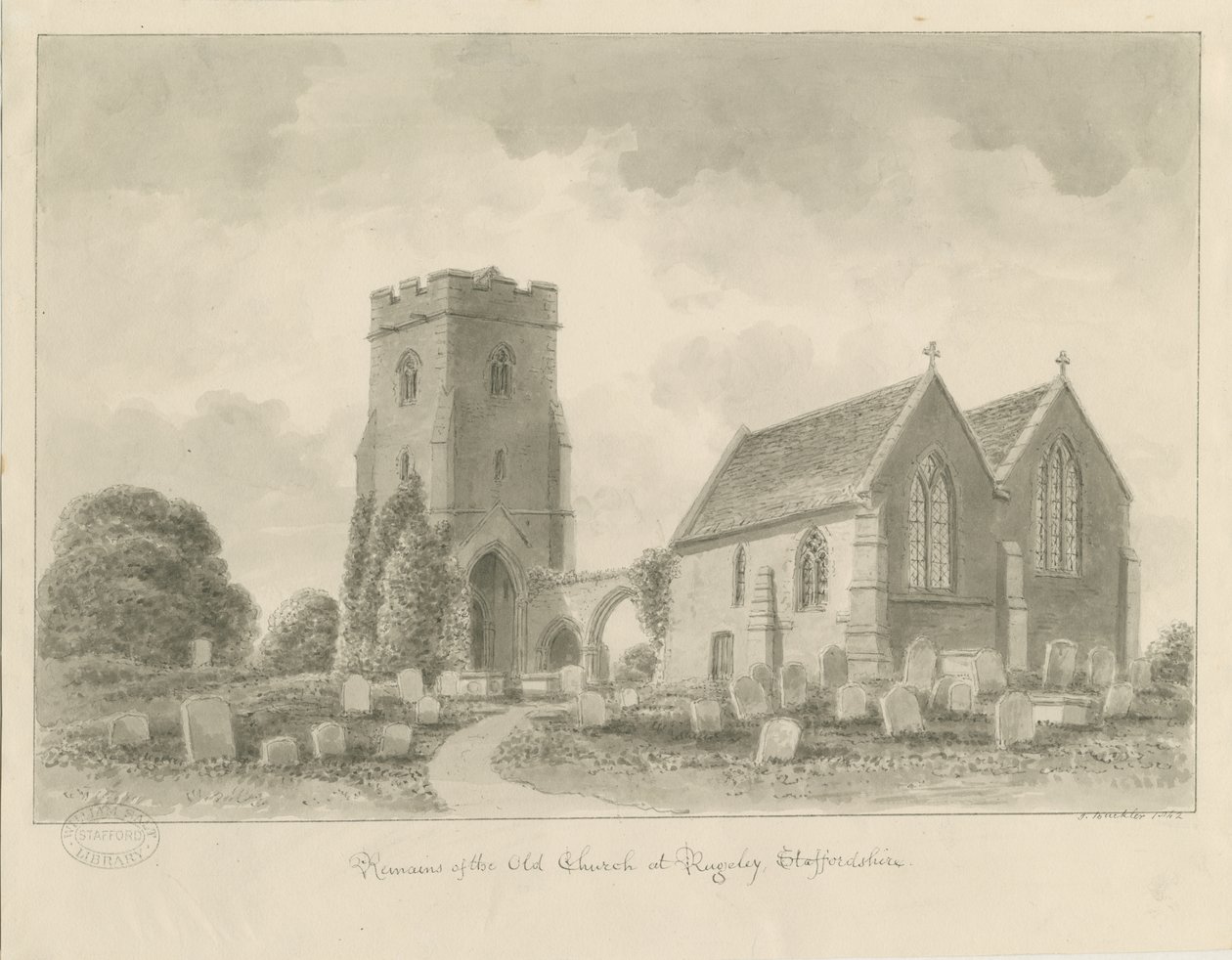 Rugeley Church (vanha): seepiapiirustus tekijältä John Buckler