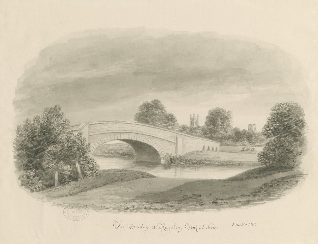 Rugeley Town - Silta: seepiapiirros, 1842 tekijältä John Buckler