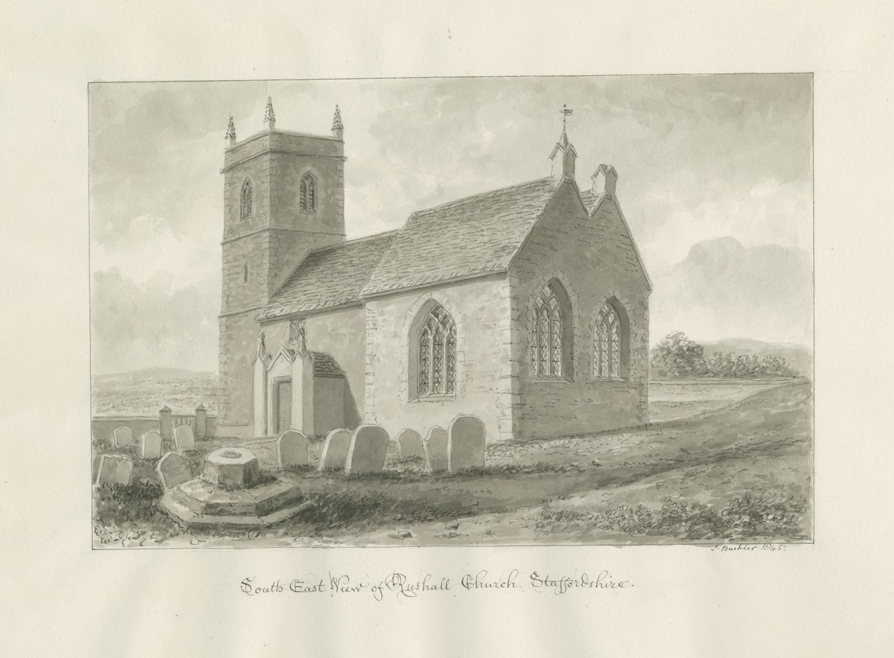 Rushall Church: seepiapiirustus, 1845 tekijältä John Buckler