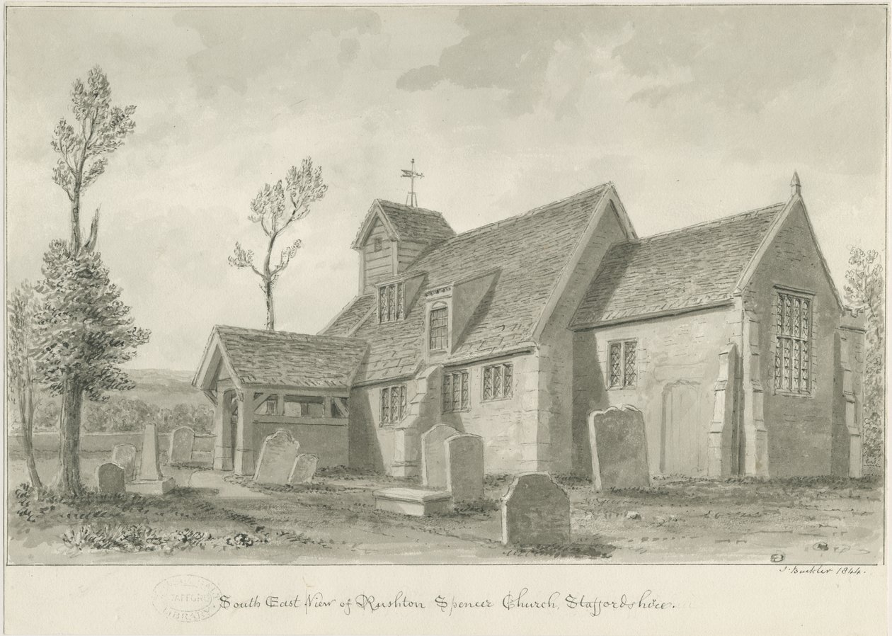 Rushton Spencer Church: seepiapesupiirros, 1844 tekijältä John Buckler