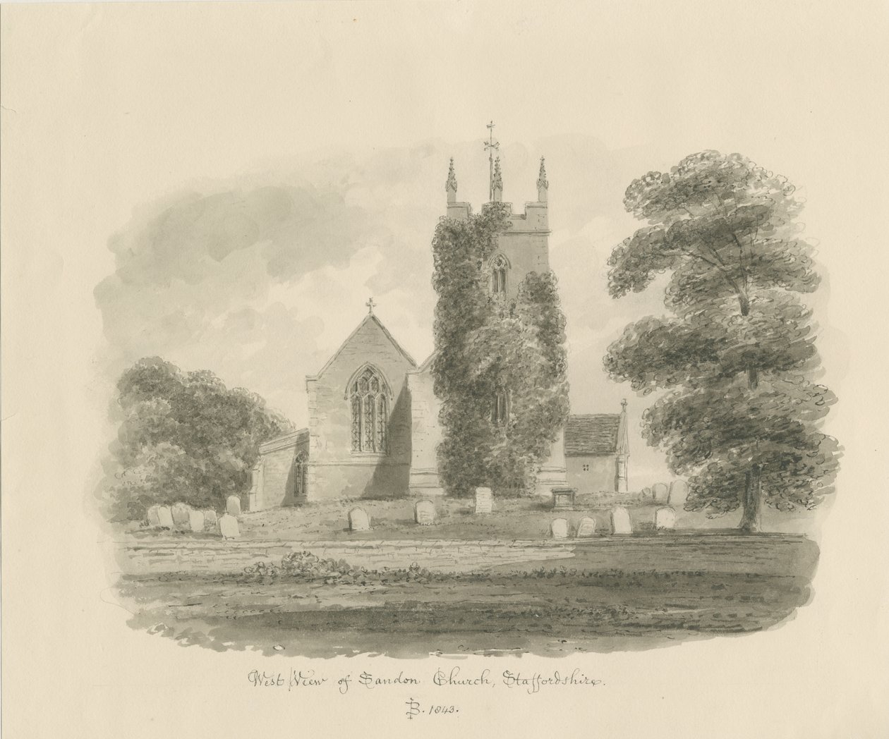 Sandon Church: seepiapiirustus, 1843 tekijältä John Buckler