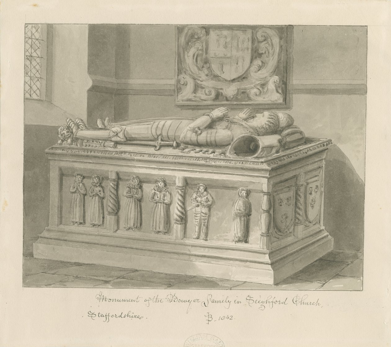 Seighford Church - William ja Mercy Bowyerin hauta: seepiapesupiirros, 1842 tekijältä John Buckler