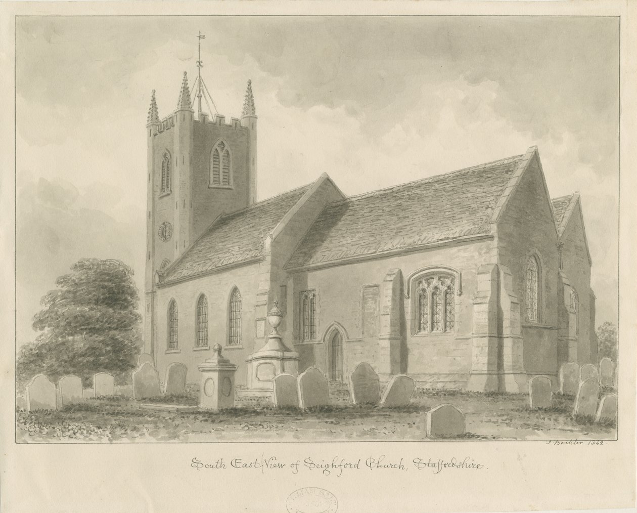 Seighford Church: seepiapesupiirustus, 1842 tekijältä John Buckler