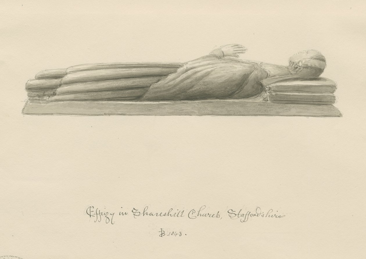 Shareshill Church - Monumentaalinen hahmo [Cassandra Swynnerton]: seepiapesupiirros tekijältä John Buckler