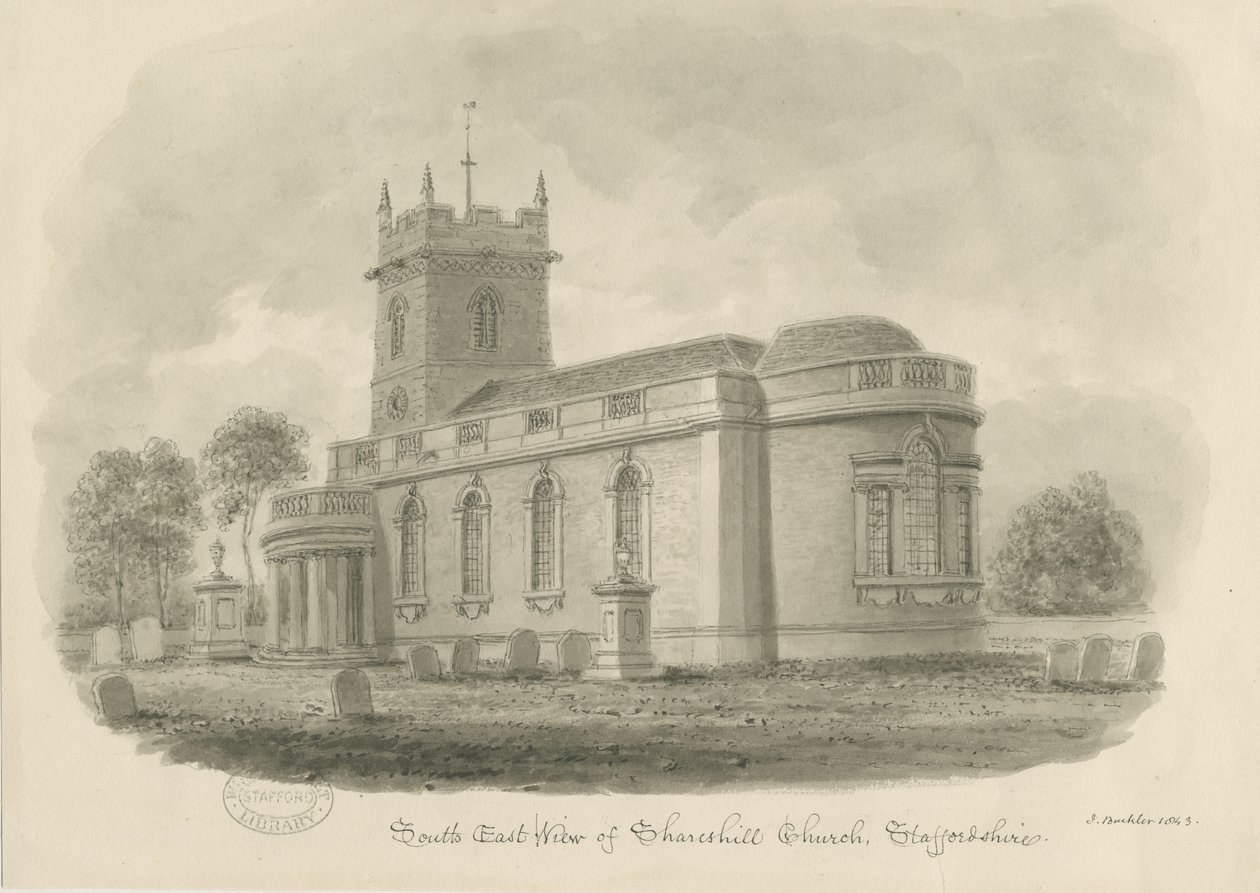 Shareshill Church: seepiapiirros, 1843 tekijältä John Buckler