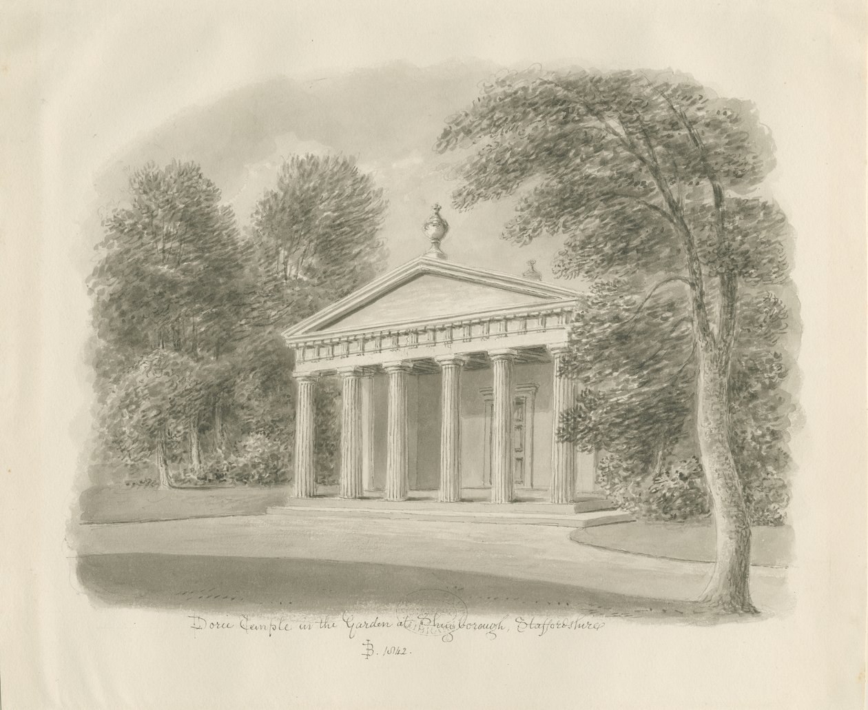 Shugborough - Doric Temple: seepiapiirustus, 1842 tekijältä John Buckler