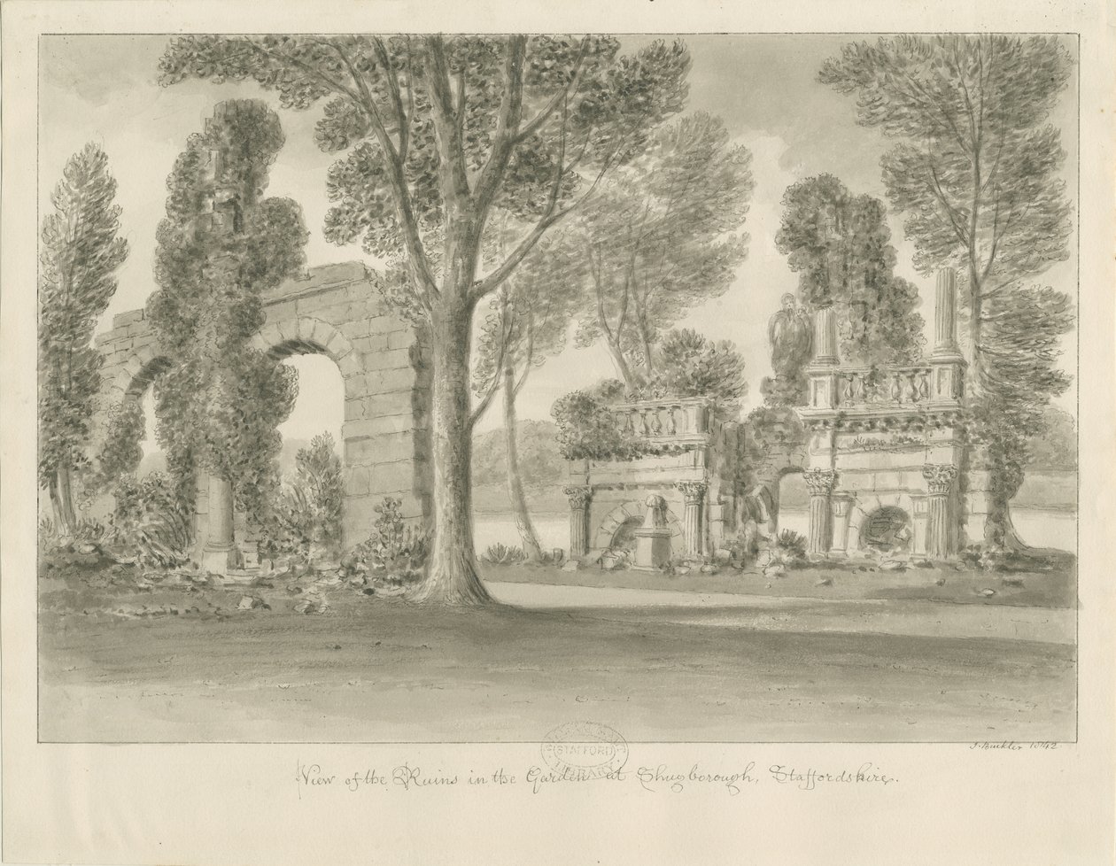 Shugborough - Rauniot puutarhassa: seepiapiirros tekijältä John Buckler