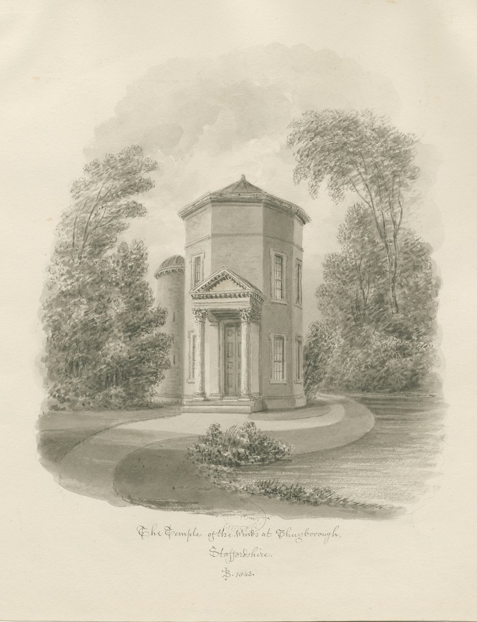 Shugborough - Tuulien temppeli: seepiapiirros, 1843 tekijältä John Buckler