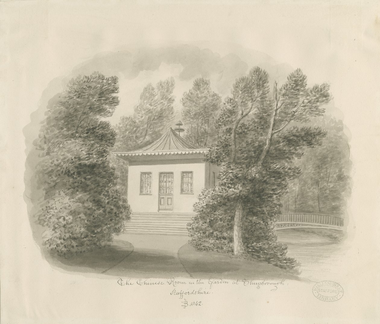 Shugborough - Kiinalainen huone: seepiapesupiirros tekijältä John Buckler
