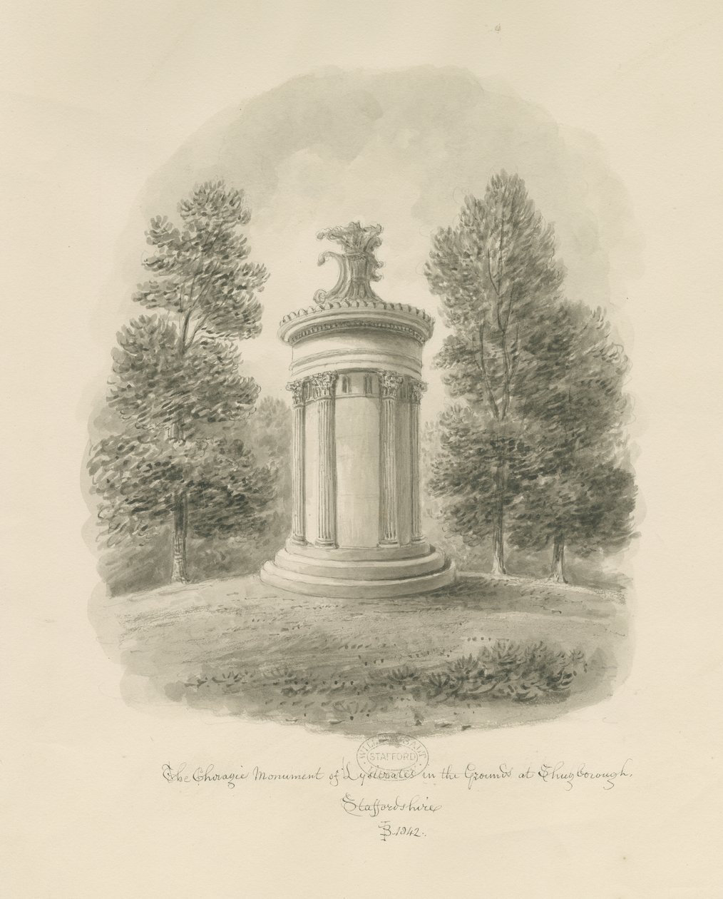Shugborough - Lysikrateen koraginen muistomerkki: seepiapiirustus tekijältä John Buckler