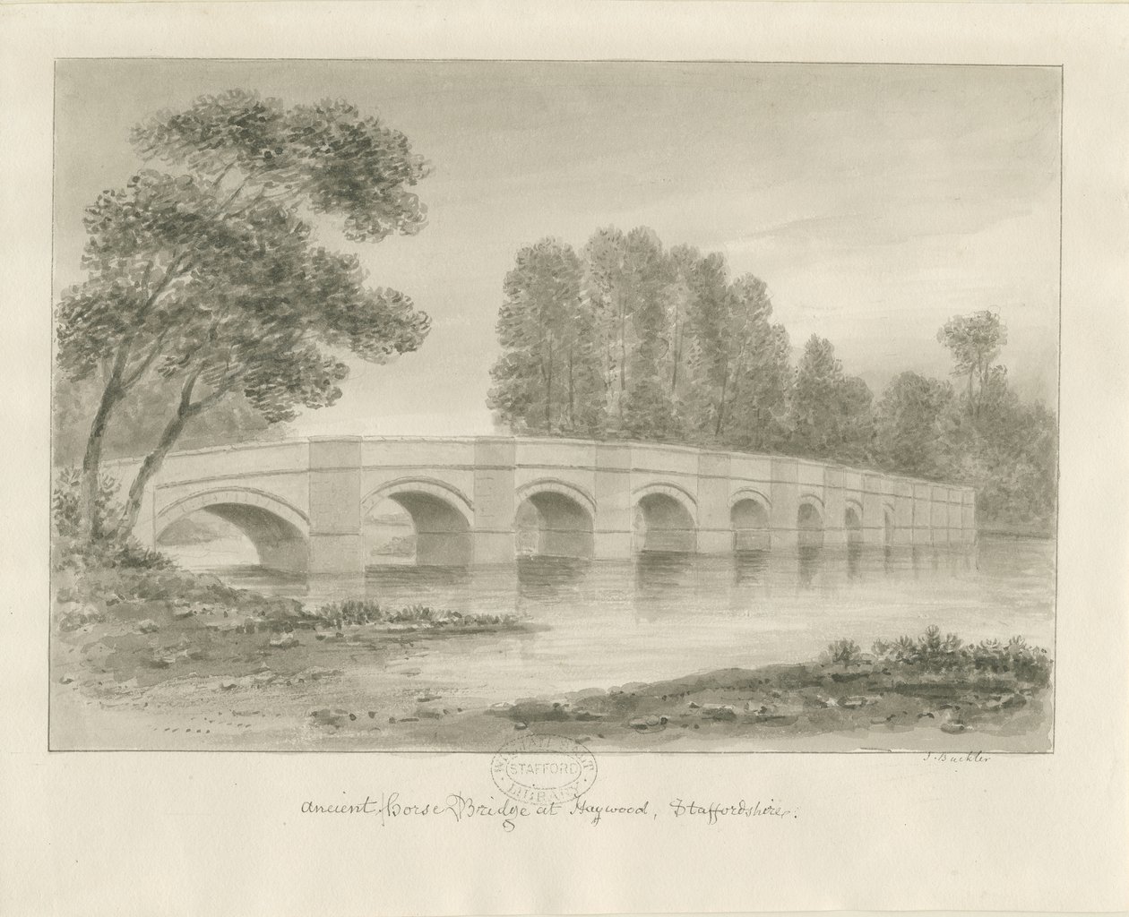 Shugborough Bridge: seepiapiirros, nd [?1840-luku] tekijältä John Buckler