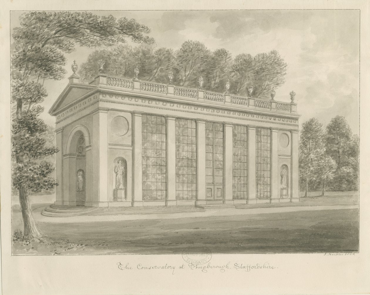 Shugborough Hall - Konservatorio: seepiapiirustus tekijältä John Buckler