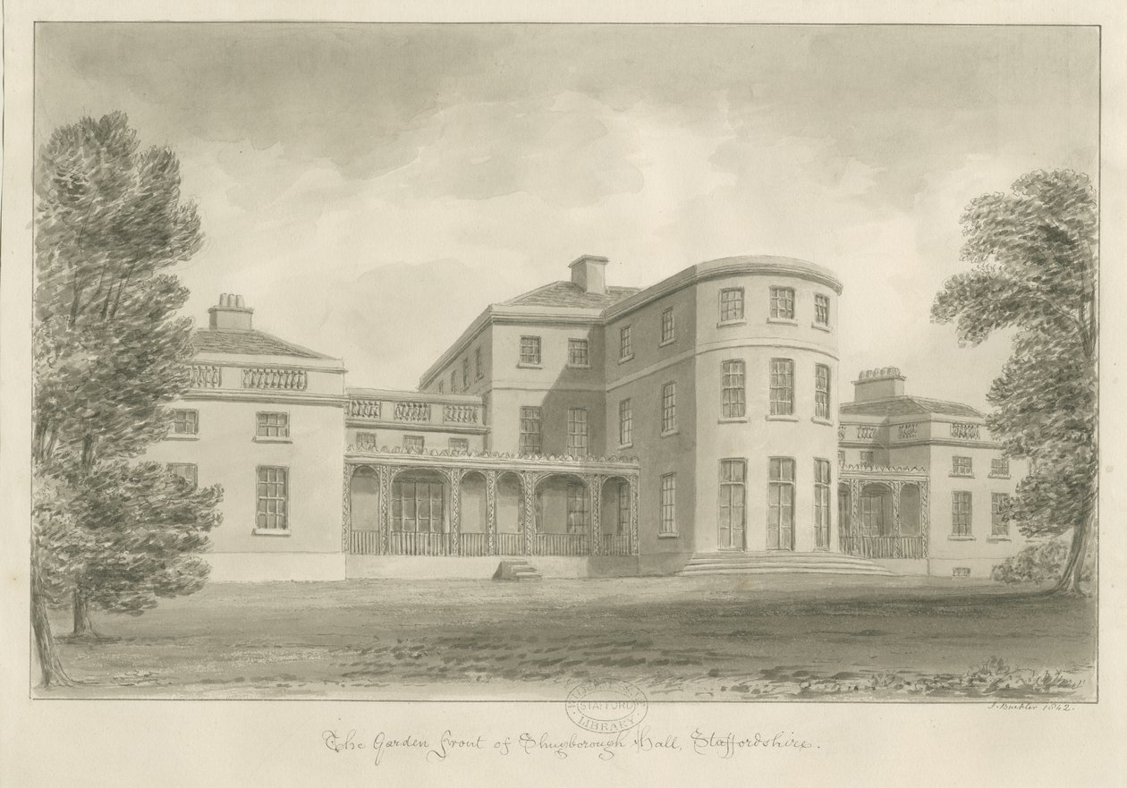 Shugborough Hall - Puutarhan edessä: seepiapiirros, 1842 tekijältä John Buckler