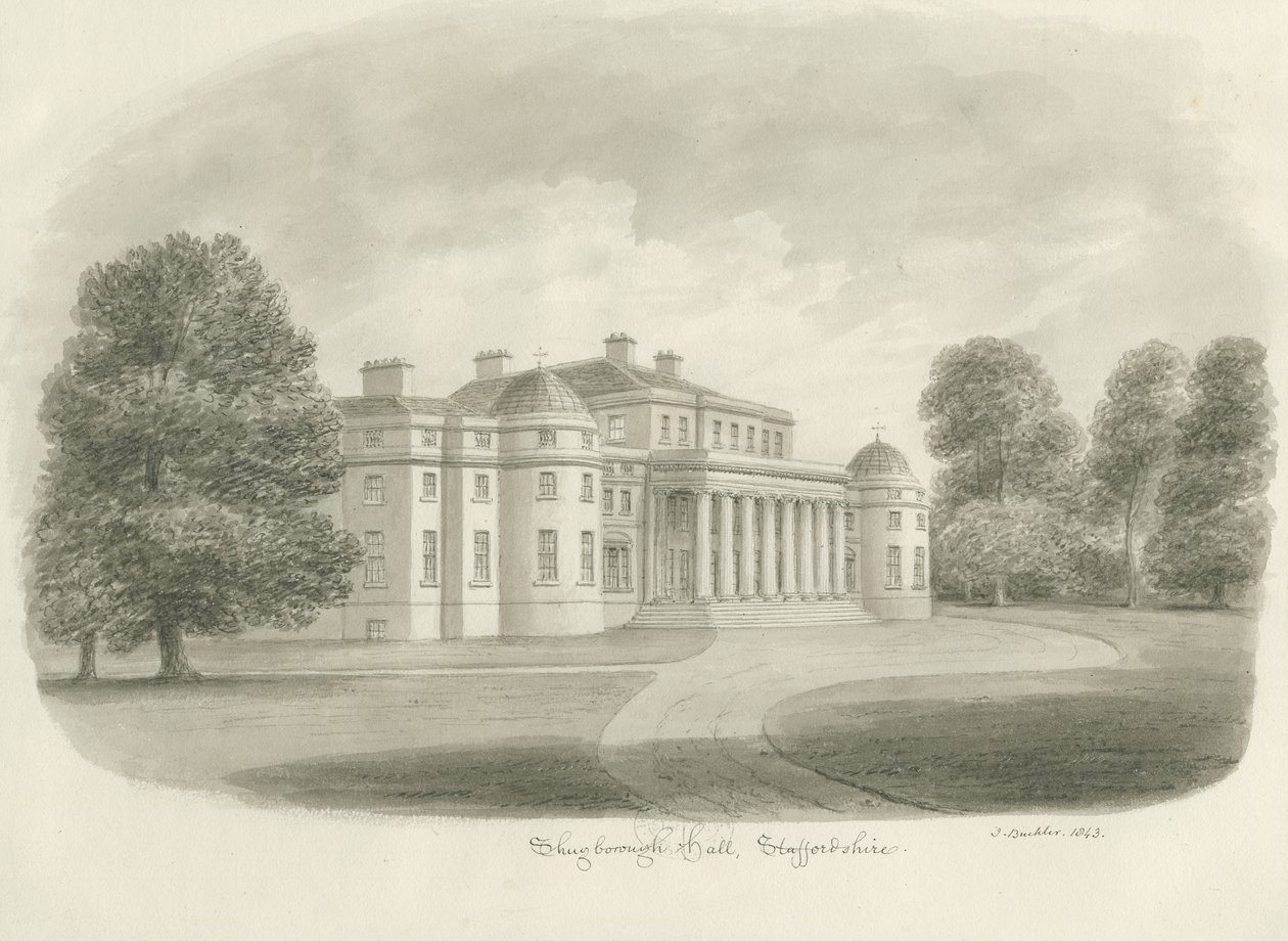 Shugborough Hall: seepiapiirustus, 1843 tekijältä John Buckler