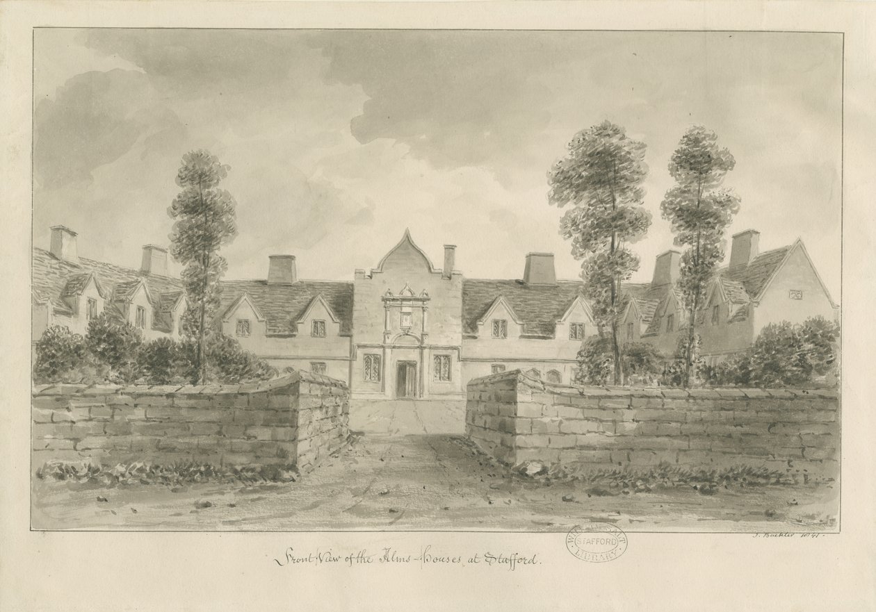 Stafford - Alms Houses: seepiapiirros tekijältä John Buckler