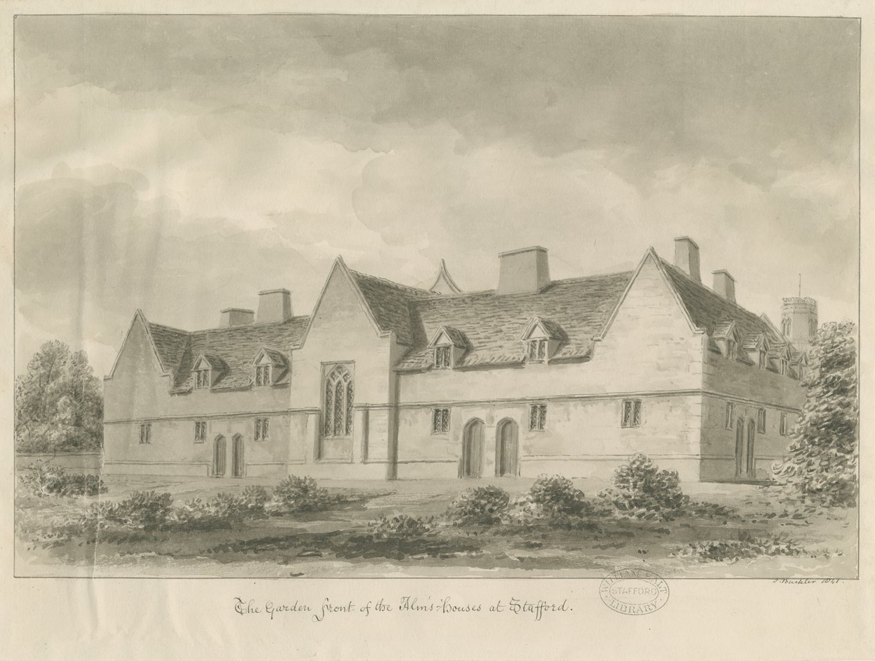 Stafford - Alms Houses: seepiapiirros, 1841 tekijältä John Buckler
