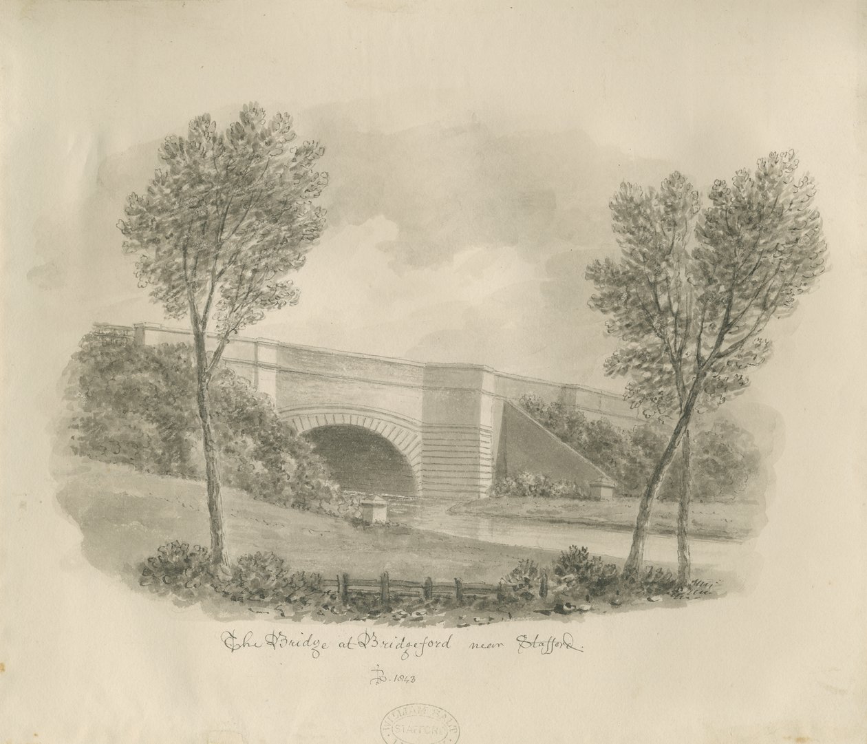 Stafford - Bridge at Bridgeford: seepiapiirustus tekijältä John Buckler