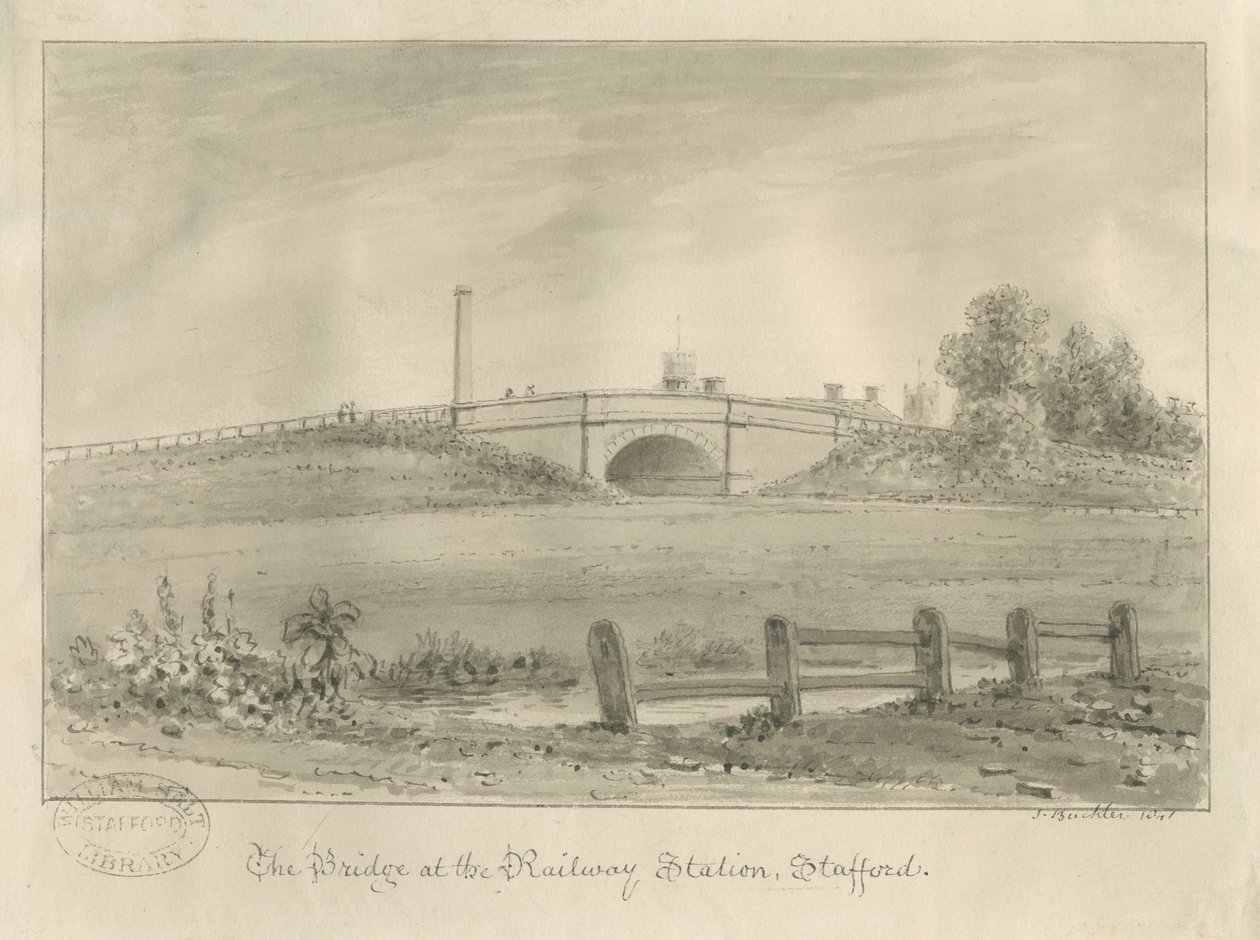 Stafford - Bridge at Railway Station: seepiapiirros, 1841 tekijältä John Buckler