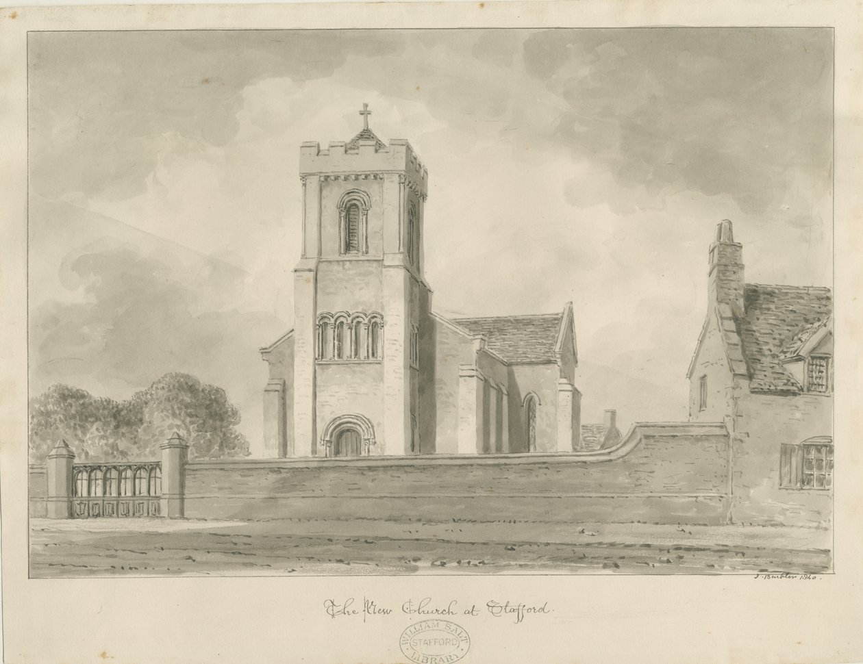 Stafford - Christ Church: seepiapiirustus, 1840 tekijältä John Buckler