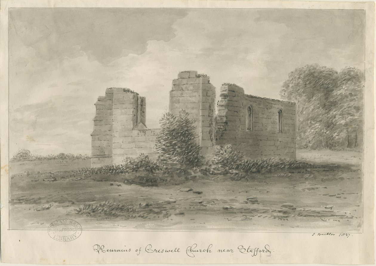 Stafford - Creswell Chapel: seepiapiirustus, 1837 tekijältä John Buckler