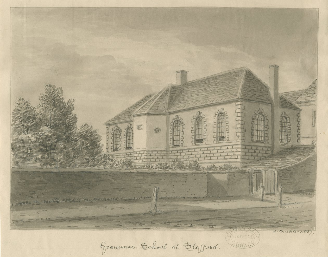 Stafford - Grammar School: seepiapiirustus, 1837 tekijältä John Buckler