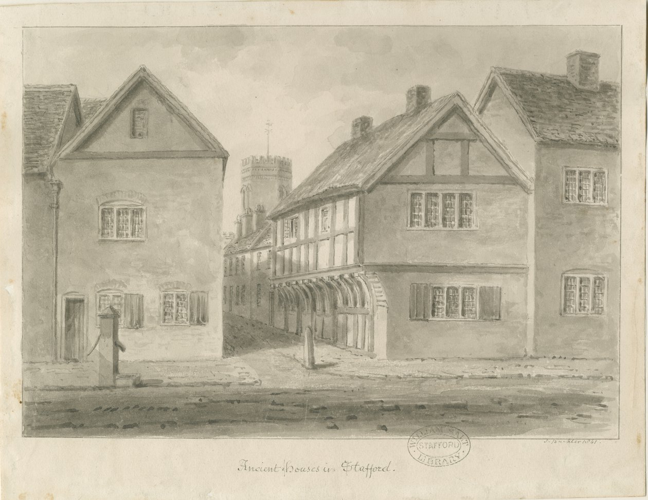 Stafford - Little Church Lane: seepiapiirros, 1841 tekijältä John Buckler