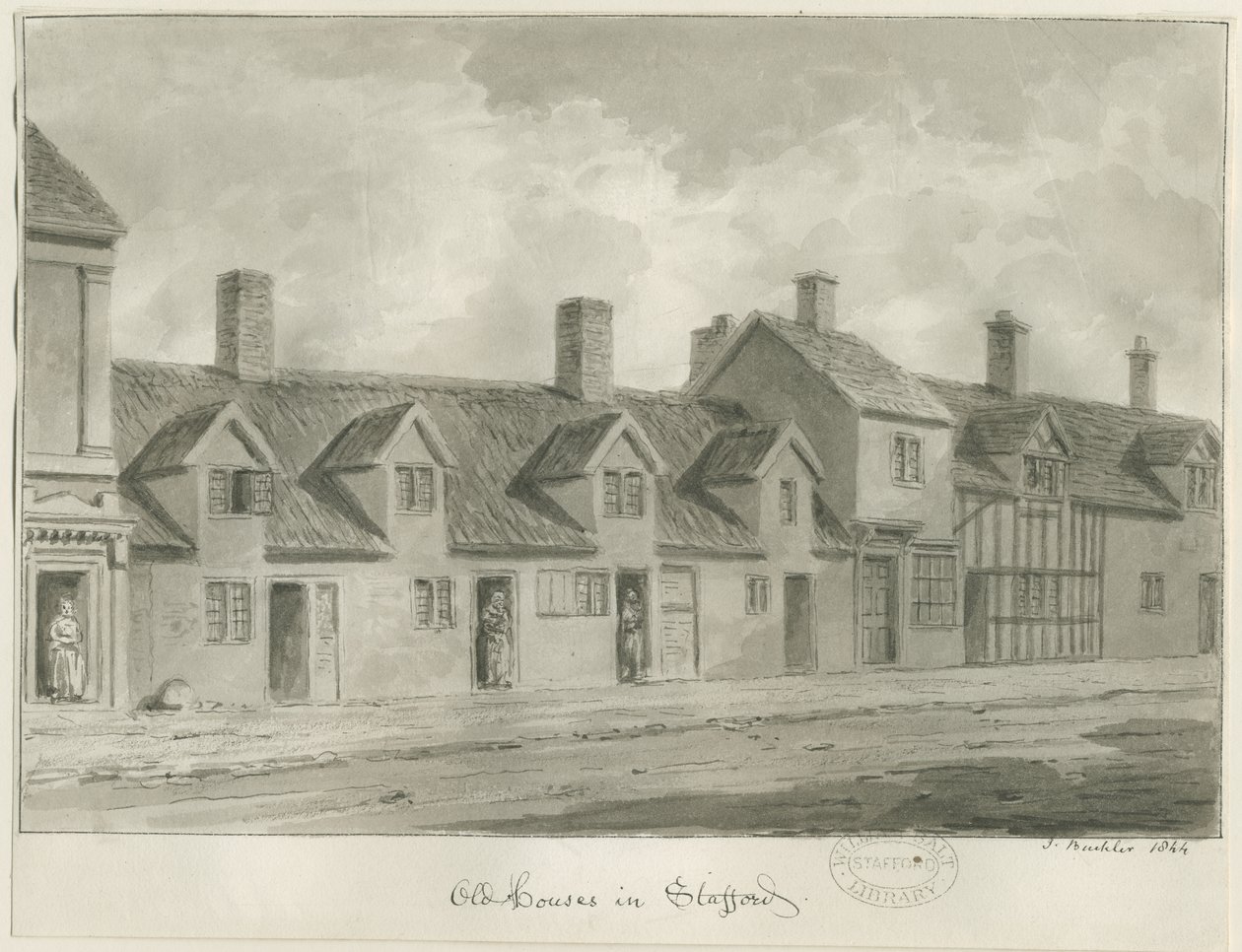 Stafford - Old Houses [Eastgate Streetillä]: seepiapiirros, 1844 tekijältä John Buckler