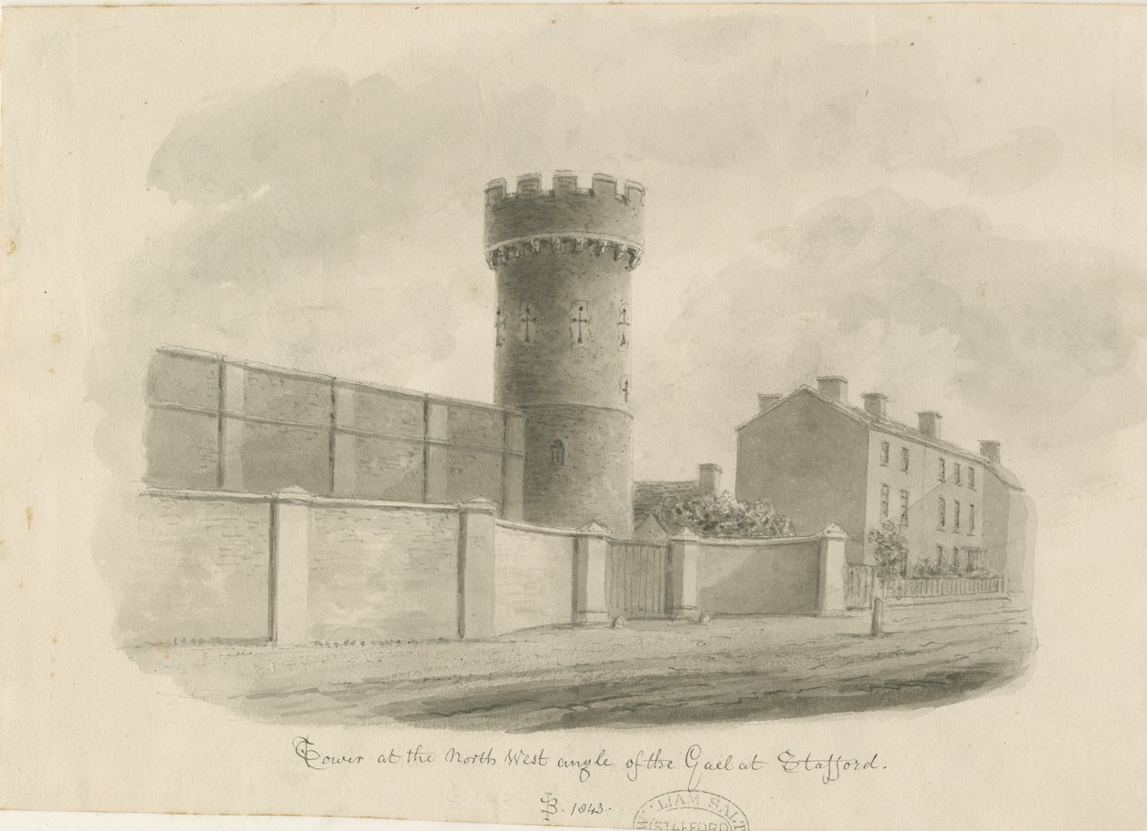 Stafford - Vankilan pyöreä torni: seepiapiirros, 1843 tekijältä John Buckler