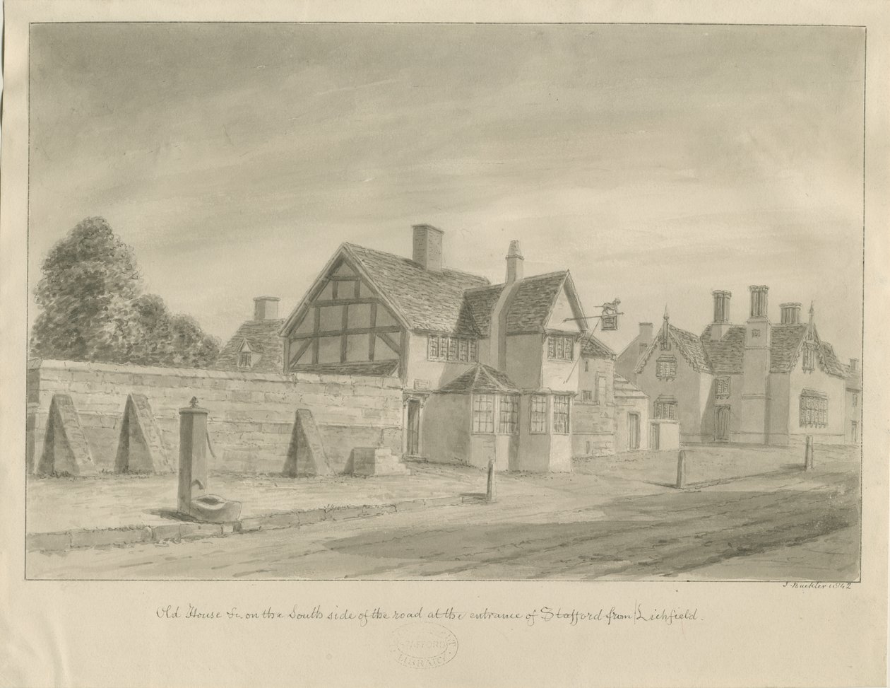Stafford - [The White Lion Inn]: seepiapiirustus, 1842 tekijältä John Buckler