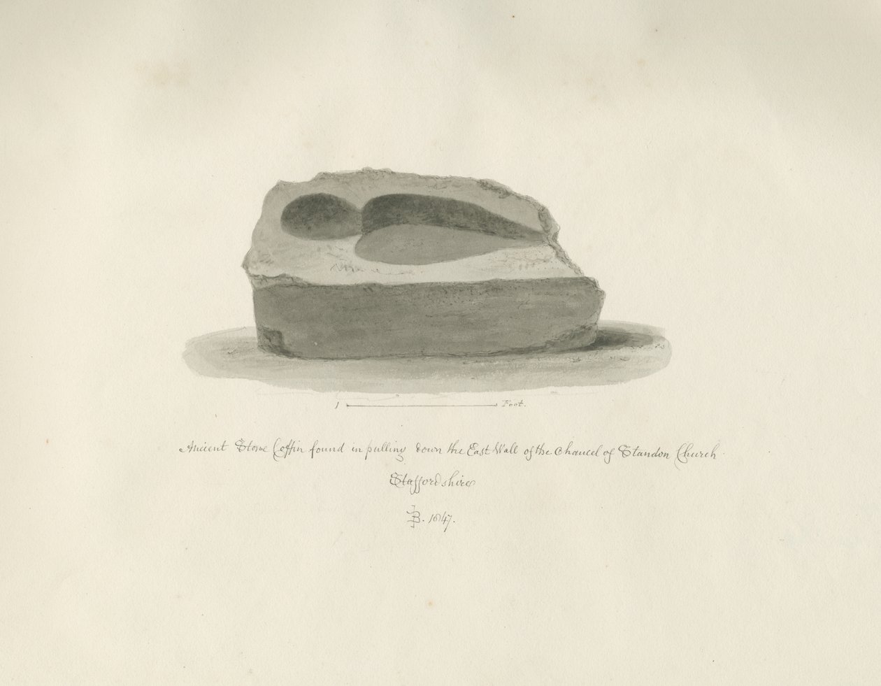 Standonin kirkko: Muinainen kiviarkku: seepiapiirros, 1847 tekijältä John Buckler