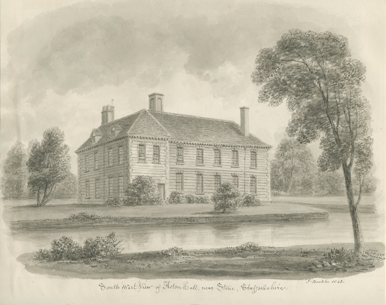 Stone - Aston Hall: seepiapiirustus tekijältä John Buckler