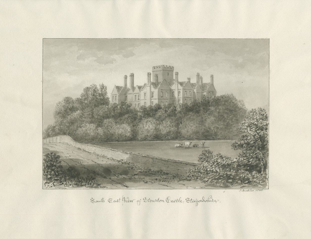 Stourton Castle: seepiapesupiirros, 1846 tekijältä John Buckler
