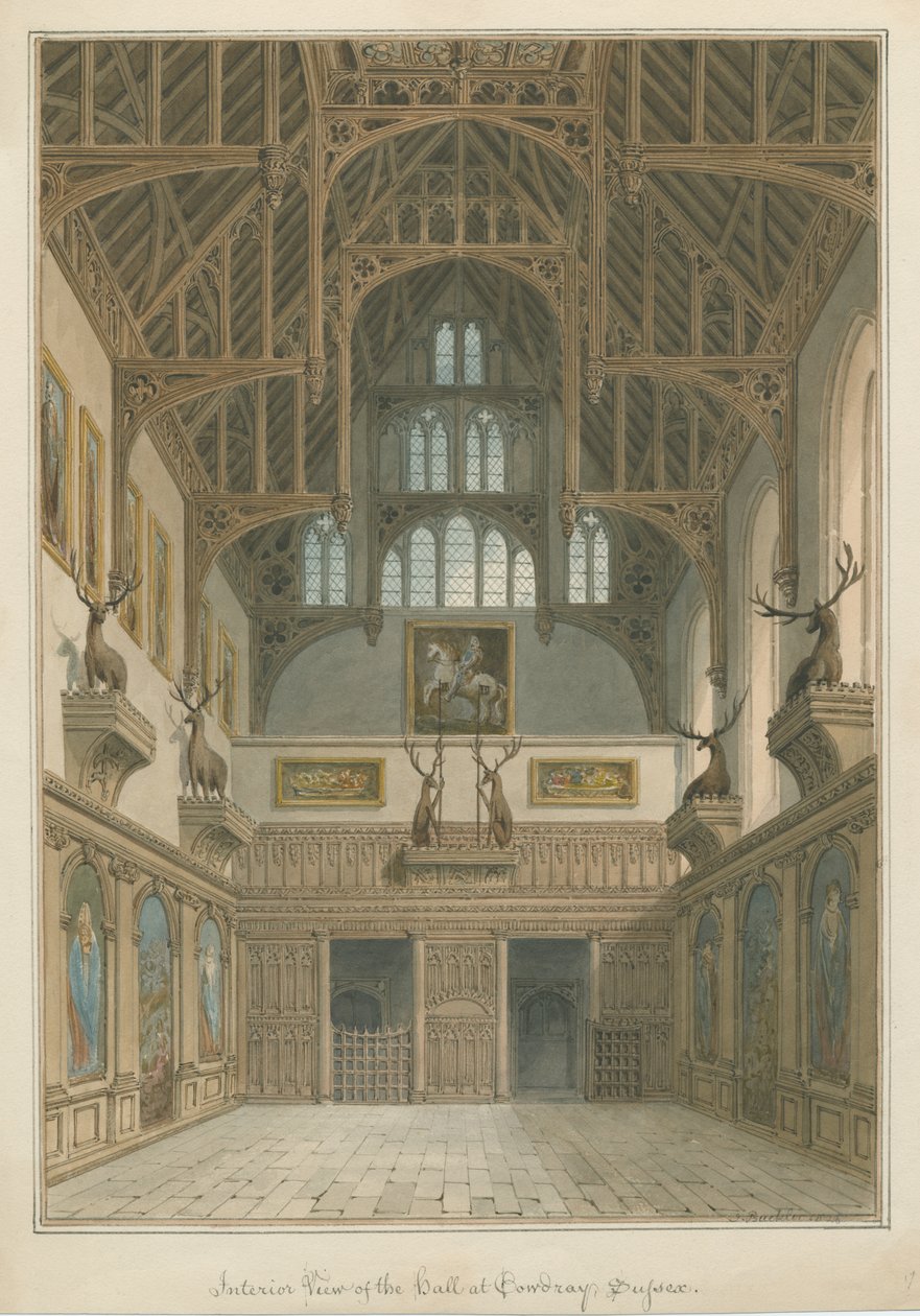 Sussex - Cowdray House - Hallin sisätilat tekijältä John Buckler