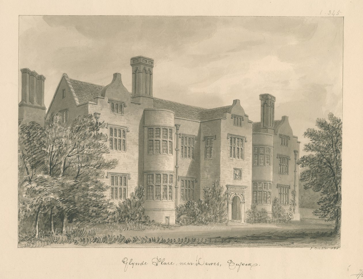 Sussex - Lewes - Glynde Paikka: seepiapiirustus, 1830 tekijältä John Buckler