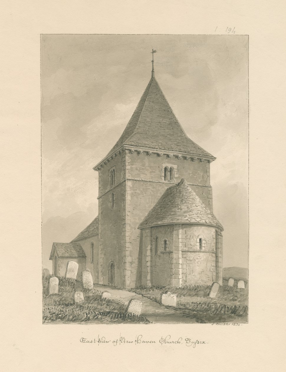 Sussex - Newhaven Church: seepiapiirustus, 1830 tekijältä John Buckler