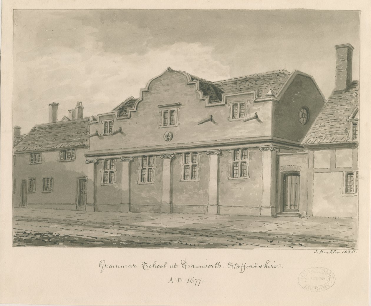 Tamworth - Grammar School: seepiapiirustus, 1838 tekijältä John Buckler