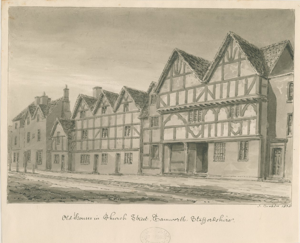 Tamworth - Old Houses in Church Street: seepiapesupiirros, 1838 tekijältä John Buckler