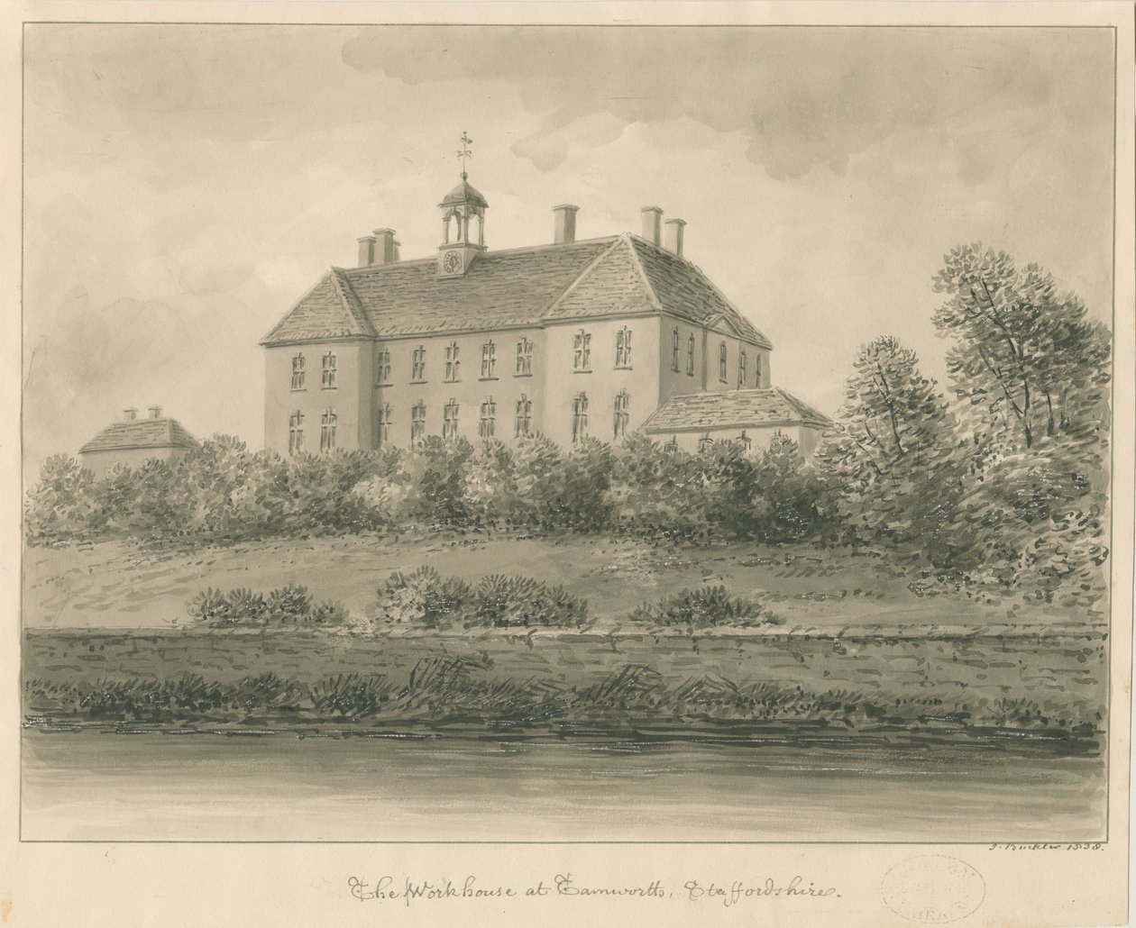 Tamworth - The Workhouse: seepiapiirustus, 1838 tekijältä John Buckler