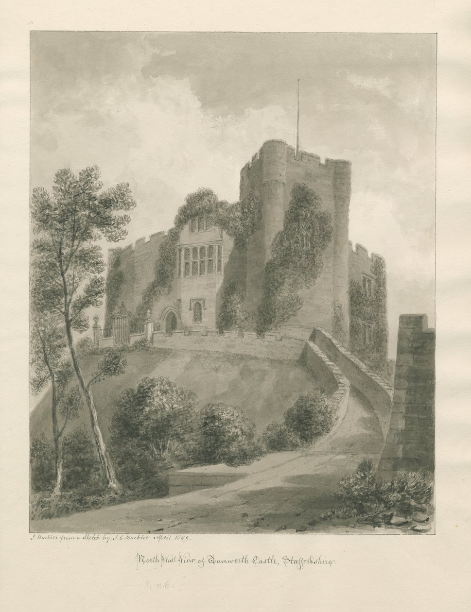 Tamworth Castle: seepiapiirustus, huhtikuu 1849 (piirustus) tekijältä John Buckler