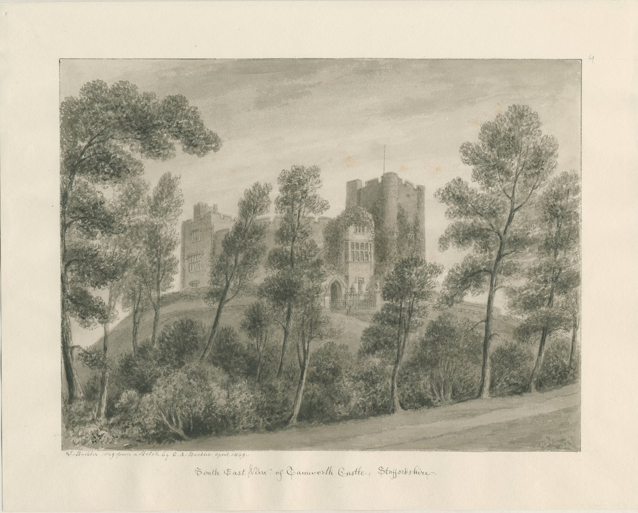 Tamworth Castle: seepiapiirustus, huhtikuu 1849 (piirustus) tekijältä John Buckler