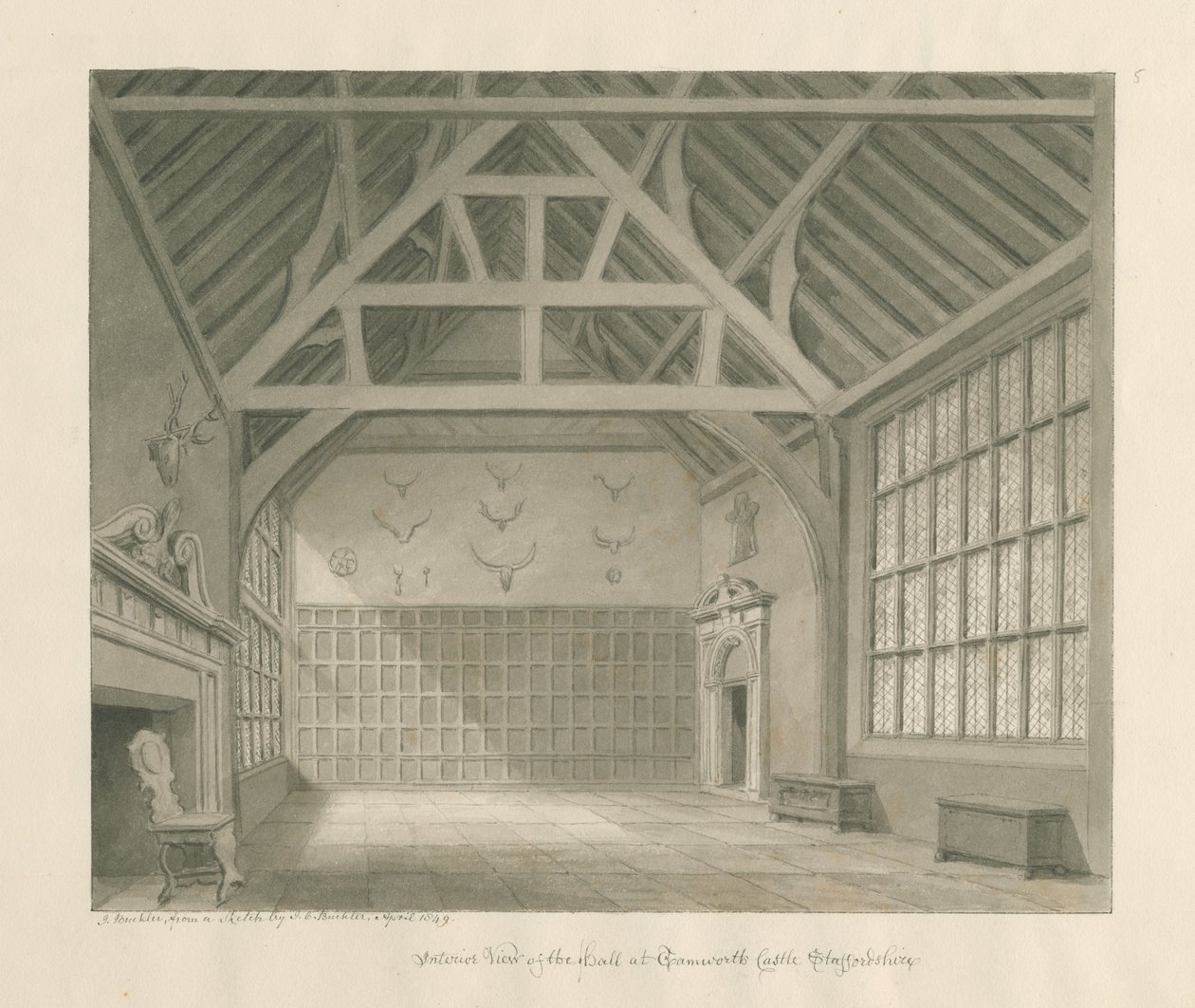 Tamworth Castle: seepiapiirustus, huhtikuu 1849 (piirustus) tekijältä John Buckler