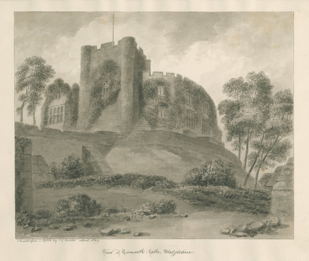 Tamworth Castle: seepiapiirustus, huhtikuu 1849 tekijältä John Buckler