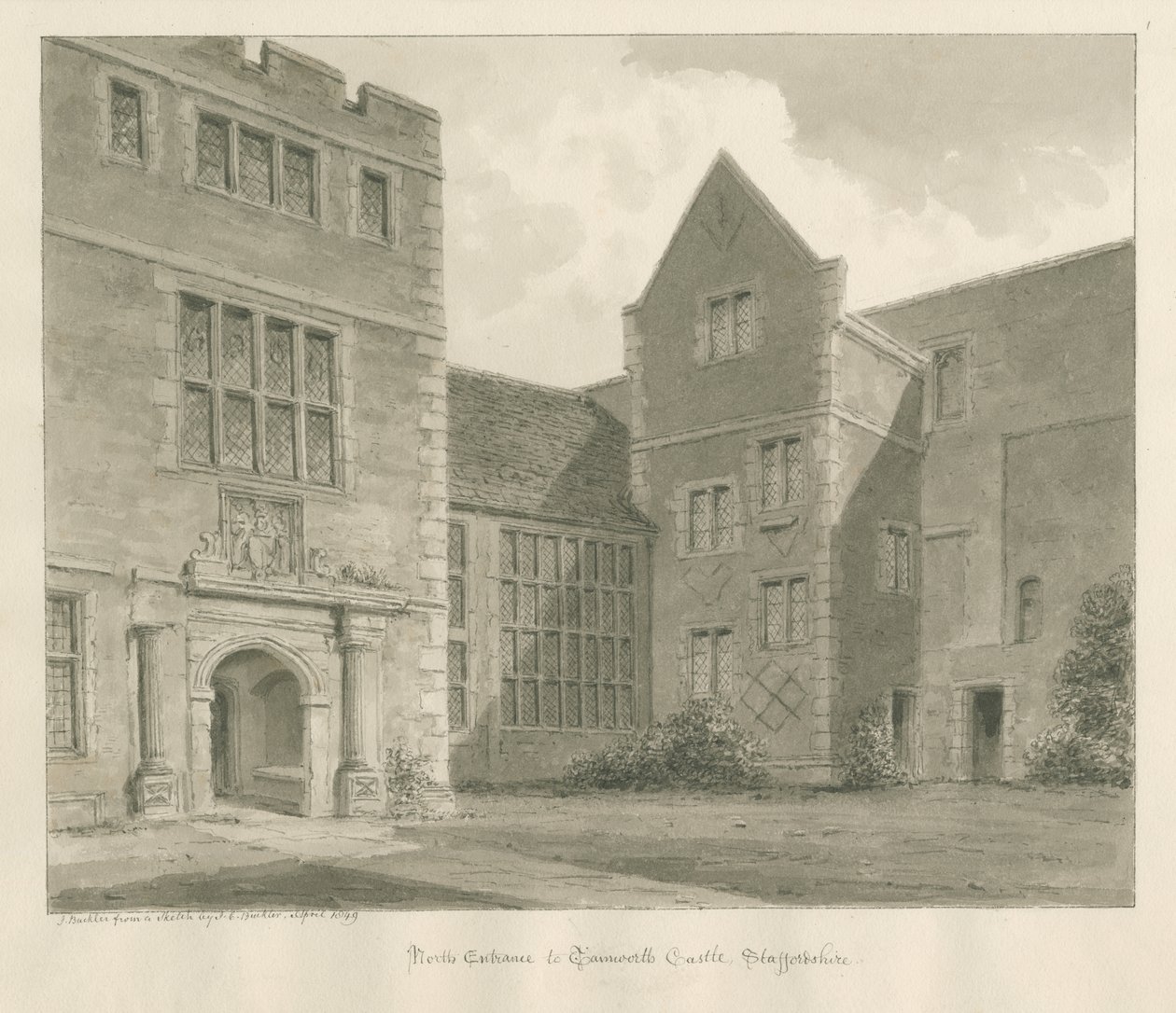 Tamworth Castle: seepiapiirustus, huhtikuu 1849 tekijältä John Buckler