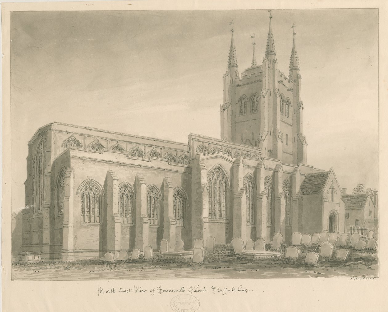 Tamworth Church: seepiapiirustus tekijältä John Buckler