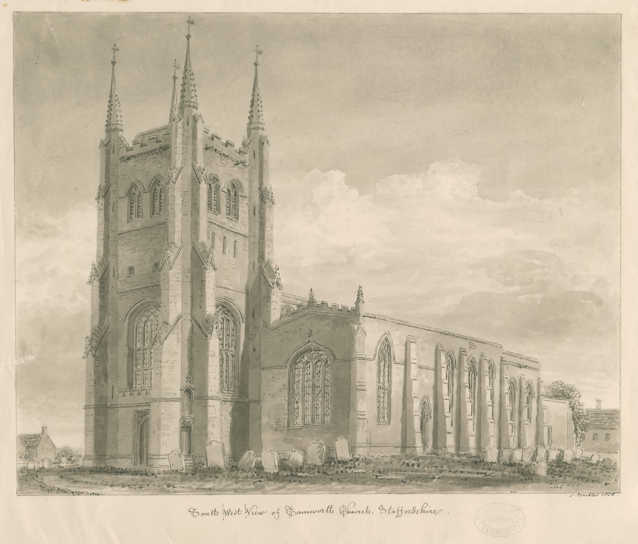 Tamworth Church: seepiapiirustus tekijältä John Buckler