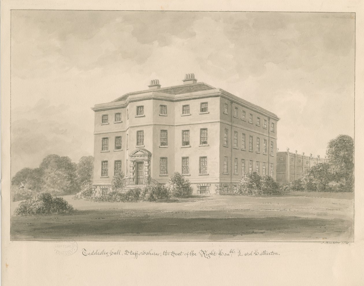 Teddesley Hall: seepiapesupiirustus, 1841 tekijältä John Buckler