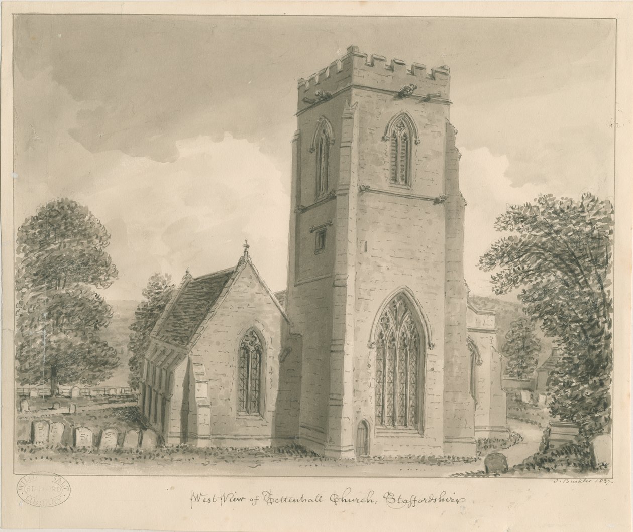 Tettenhallin kirkko: seepiapesupiirustus, 1837 tekijältä John Buckler