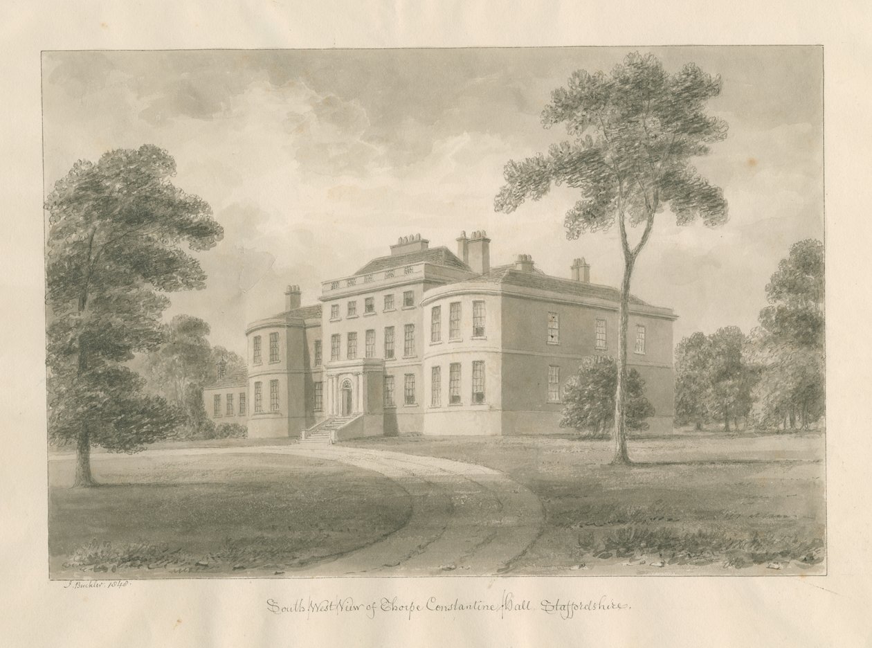 Thorpe Constantine Hall: seepiapesupiirustus, 1848 tekijältä John Buckler