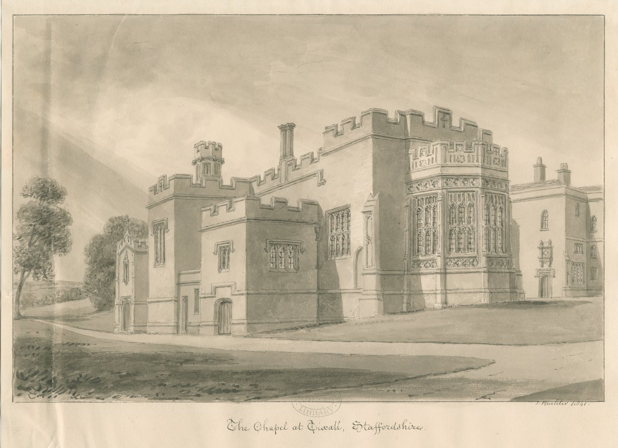 Tixall - Kappeli Tixall Hallissa: seepiapesupiirros, 1841 tekijältä John Buckler