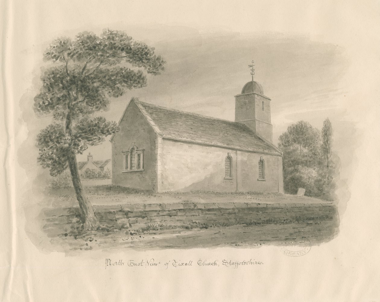 Tixall Church: seepiapesupiirros, nd [?1841] tekijältä John Buckler